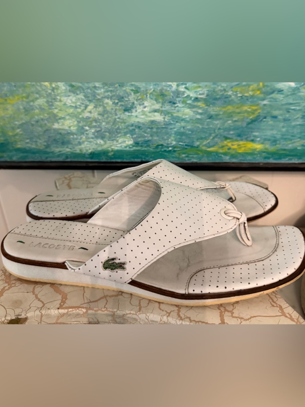 Lacoste White Perforated Leather Slide Mules with Green Croc Detail